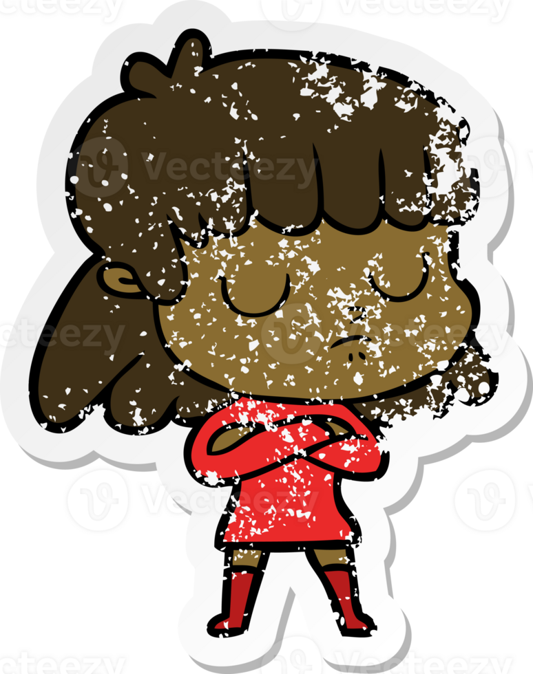 distressed sticker of a cartoon indifferent woman png