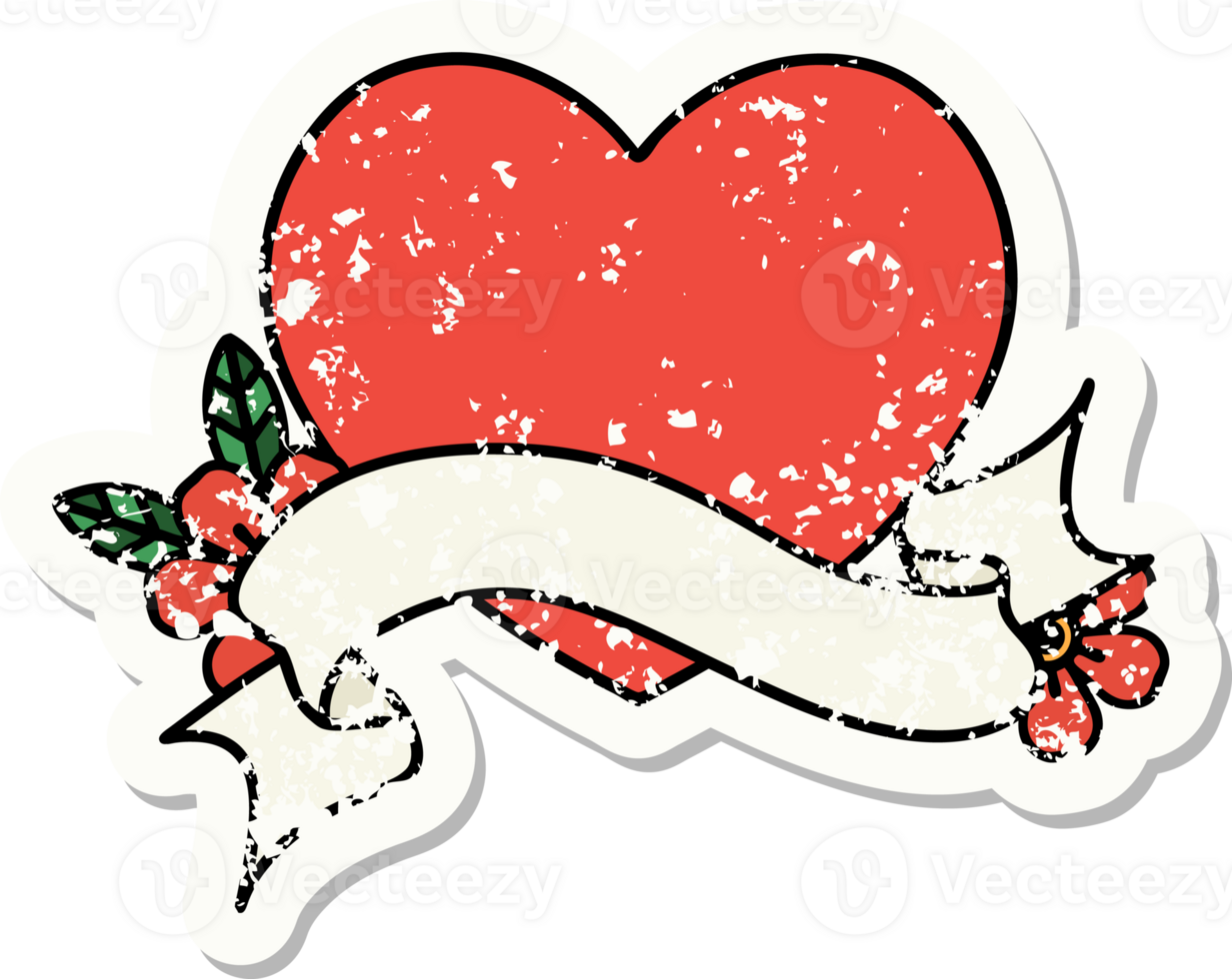 worn old sticker with banner of a heart png