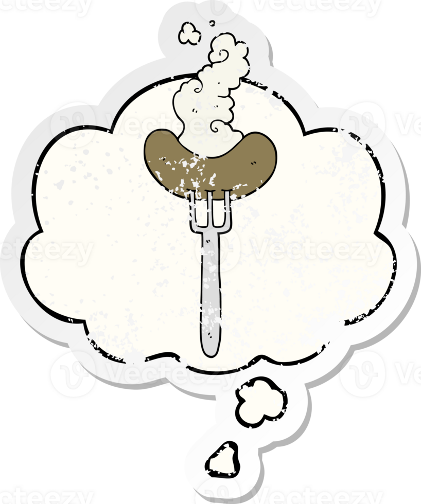cartoon sausage on fork with thought bubble as a distressed worn sticker png