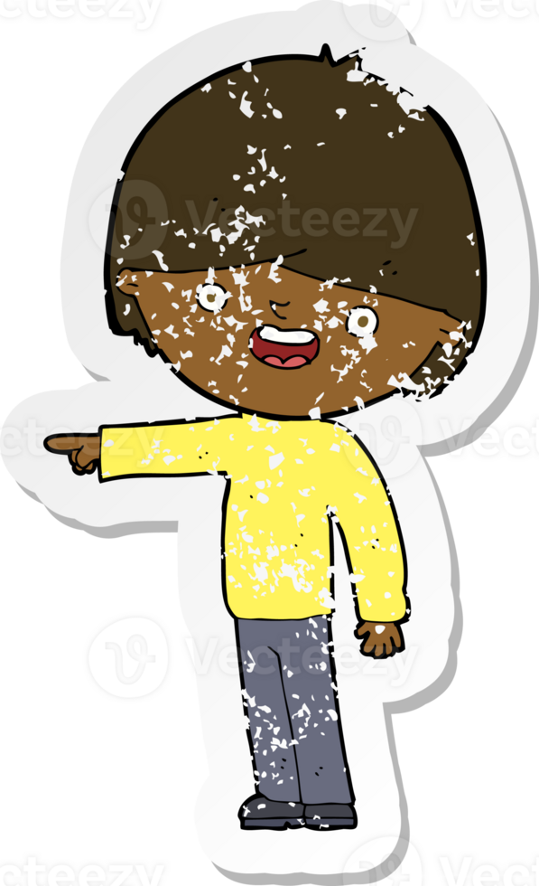 retro distressed sticker of a cartoon man pointing png