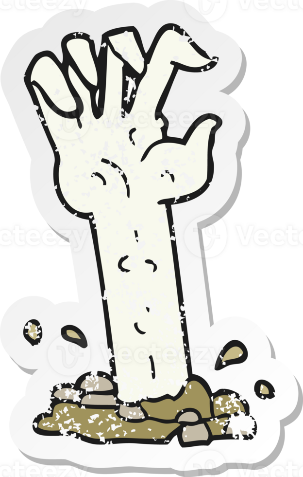 retro distressed sticker of a cartoon zombie hand rising from ground png