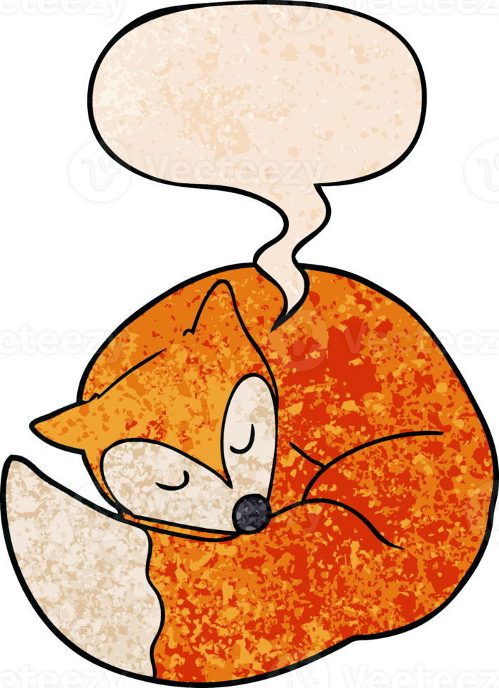 cartoon sleeping fox with speech bubble in retro texture style png