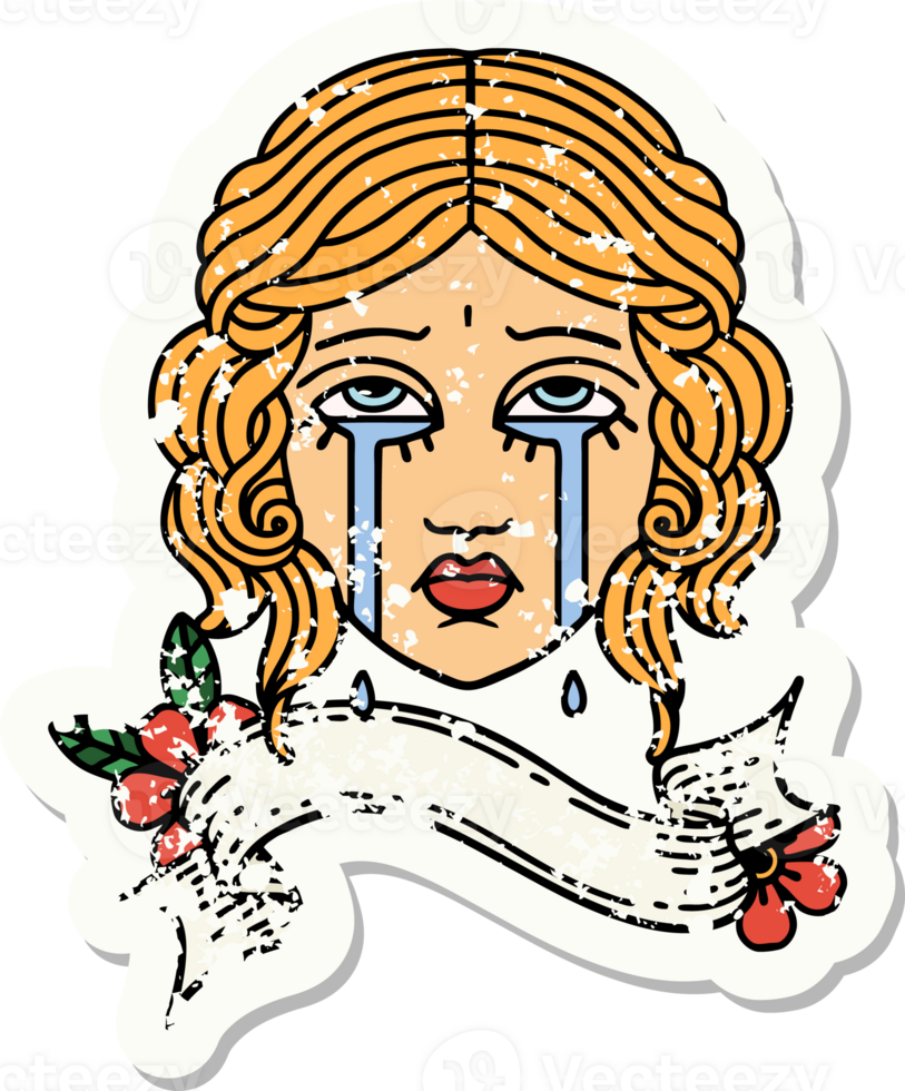 worn old sticker with banner of female face crying png