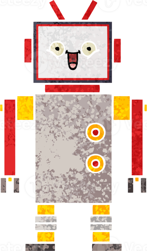 retro illustration style cartoon of a happy robot png