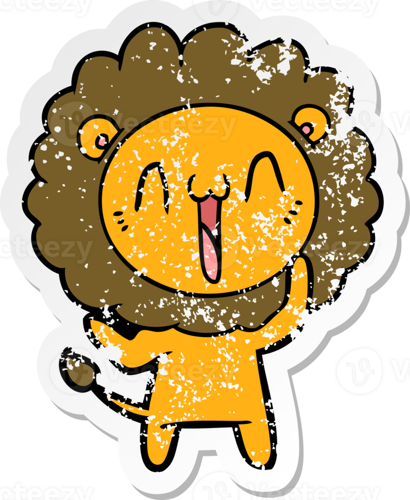 distressed sticker of a happy cartoon lion png