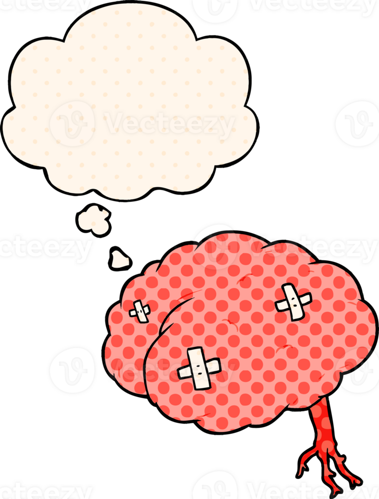 cartoon injured brain with thought bubble in comic book style png