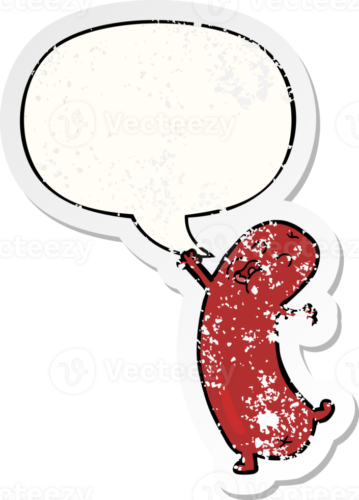 cartoon dancing sausage with speech bubble distressed distressed old sticker png
