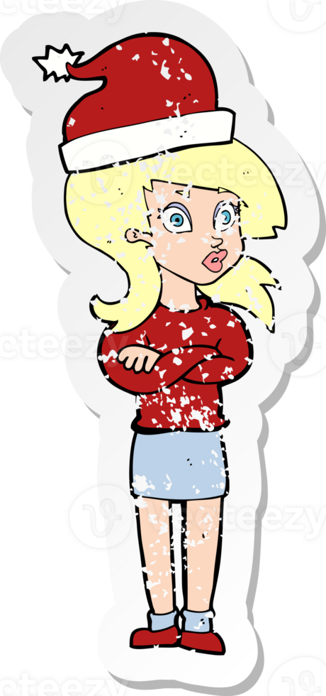 retro distressed sticker of a cartoon woman ready for christmas png