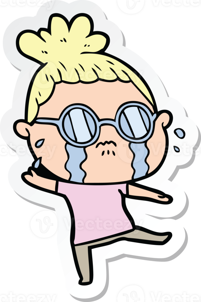 sticker of a cartoon crying woman wearing spectacles png