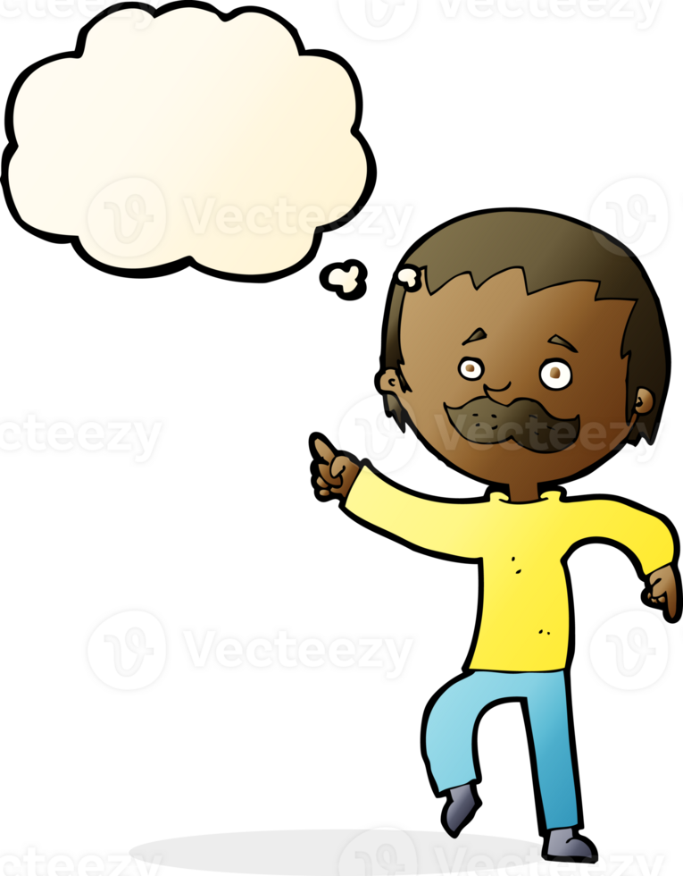 cartoon man with mustache pointing with thought bubble png