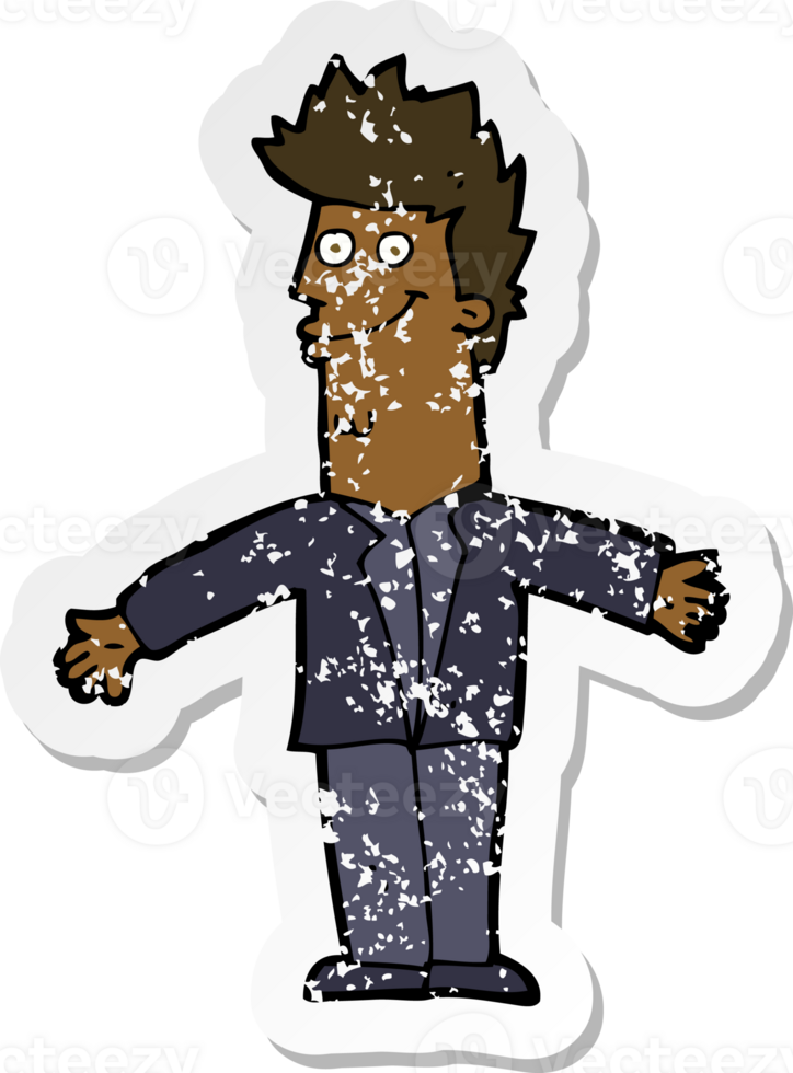 retro distressed sticker of a cartoon happy man with open arms png