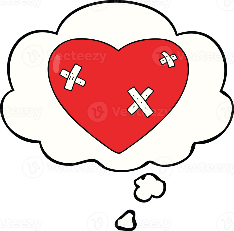 cartoon beaten up heart with thought bubble png