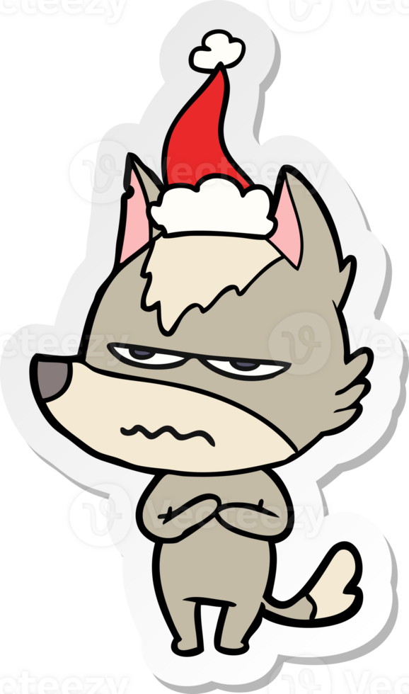 hand drawn sticker cartoon of a annoyed wolf wearing santa hat png