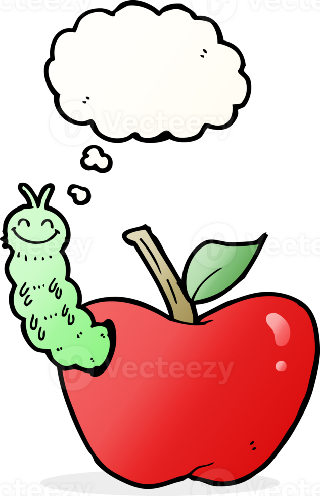 cartoon apple with bug with thought bubble png