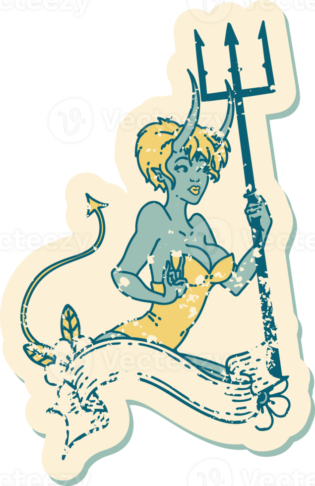 iconic distressed sticker tattoo style image of a pinup devil girl with banner png
