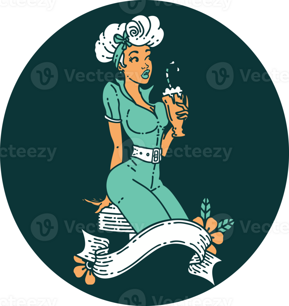 tattoo in traditional style of a pinup girl drinking a milkshake with banner png
