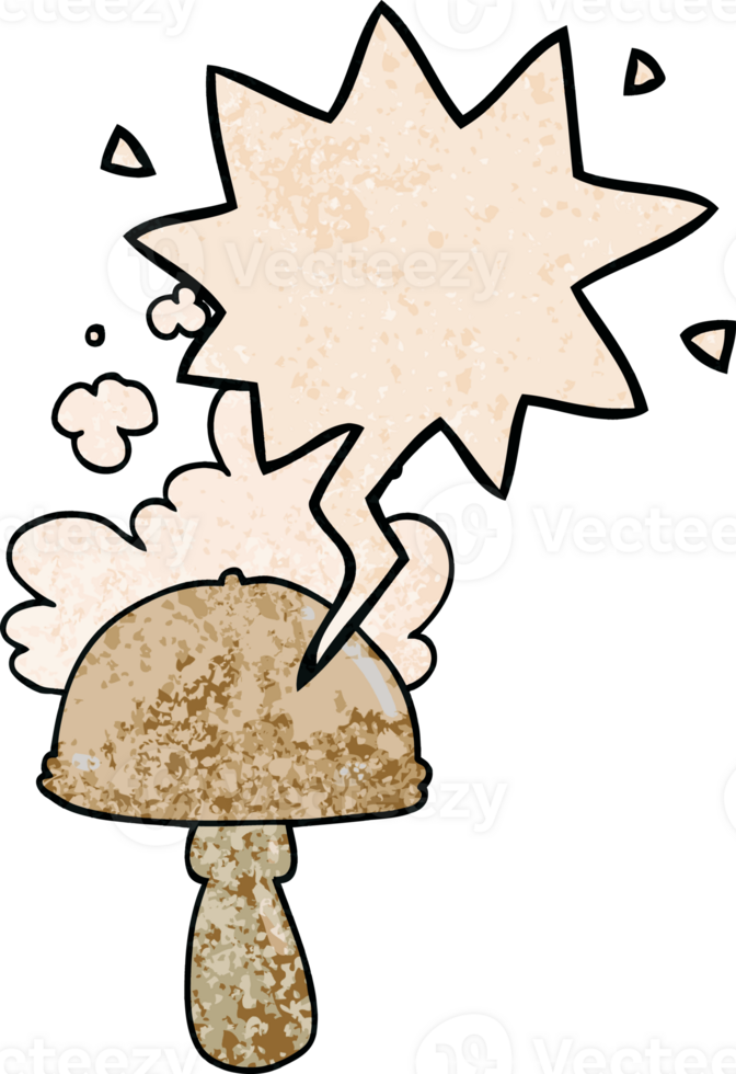 cartoon mushroom with spore cloud with speech bubble in retro texture style png