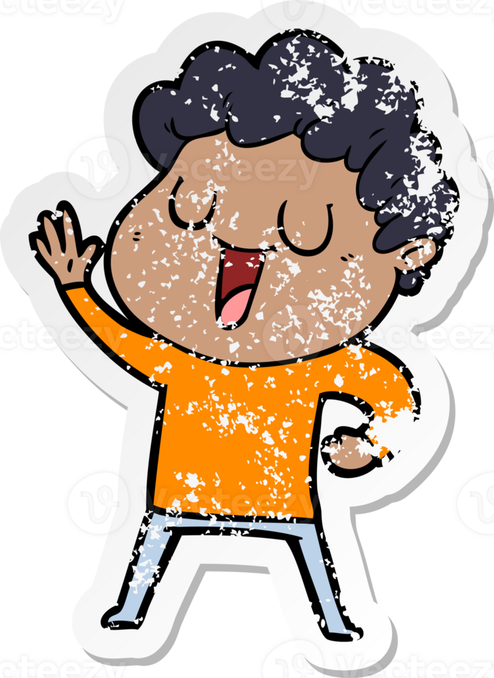 distressed sticker of a waving cartoon man png