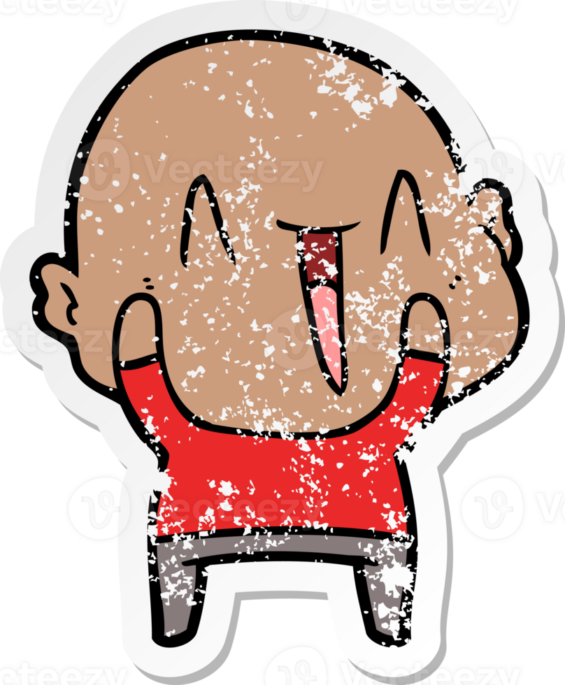 distressed sticker of a happy cartoon bald man png