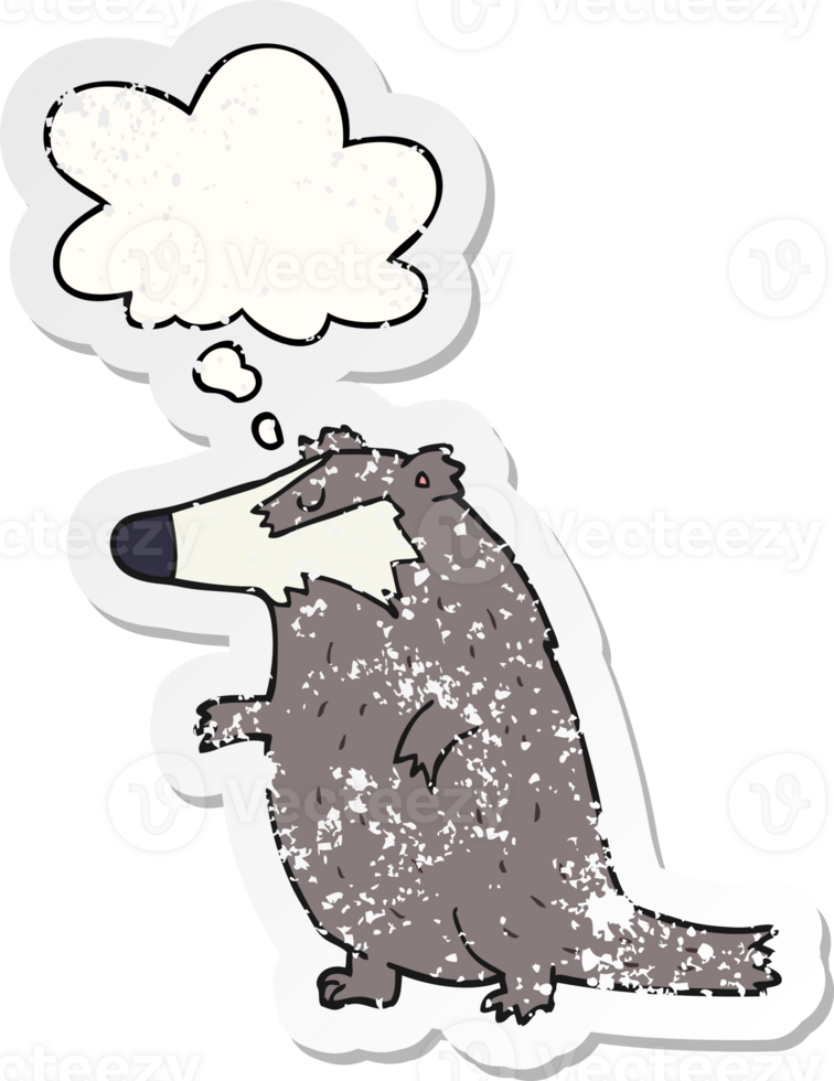 cartoon badger with thought bubble as a distressed worn sticker png