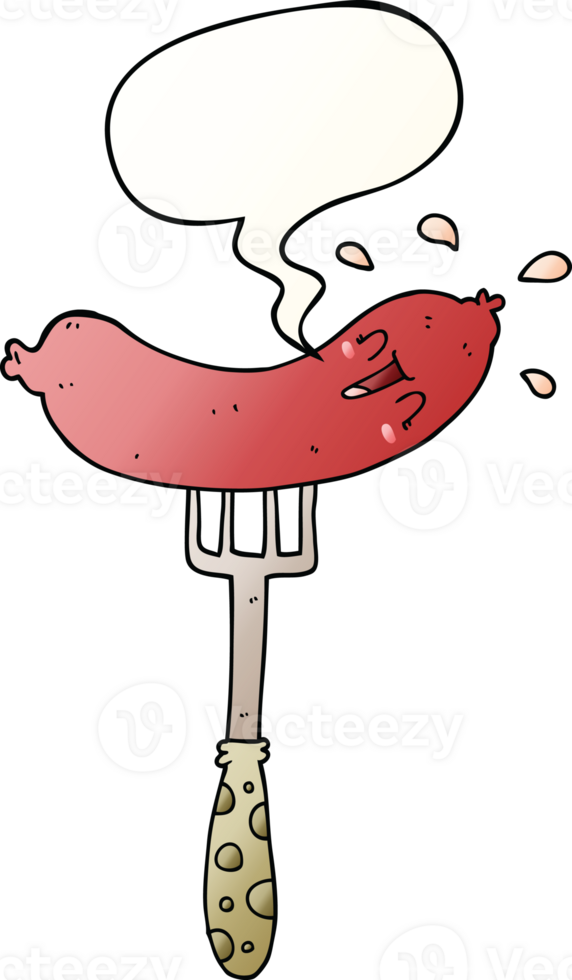 cartoon happy sausage on fork with speech bubble in smooth gradient style png