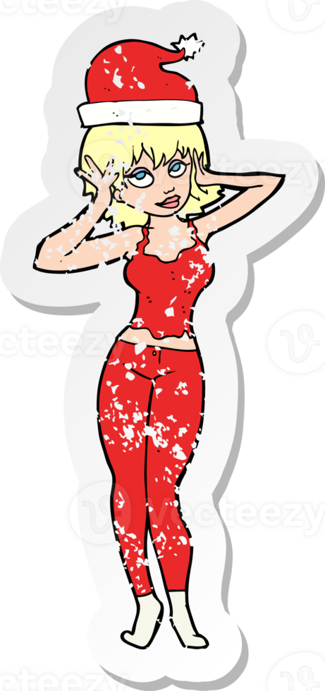 retro distressed sticker of a cartoon woman all ready for christmas png