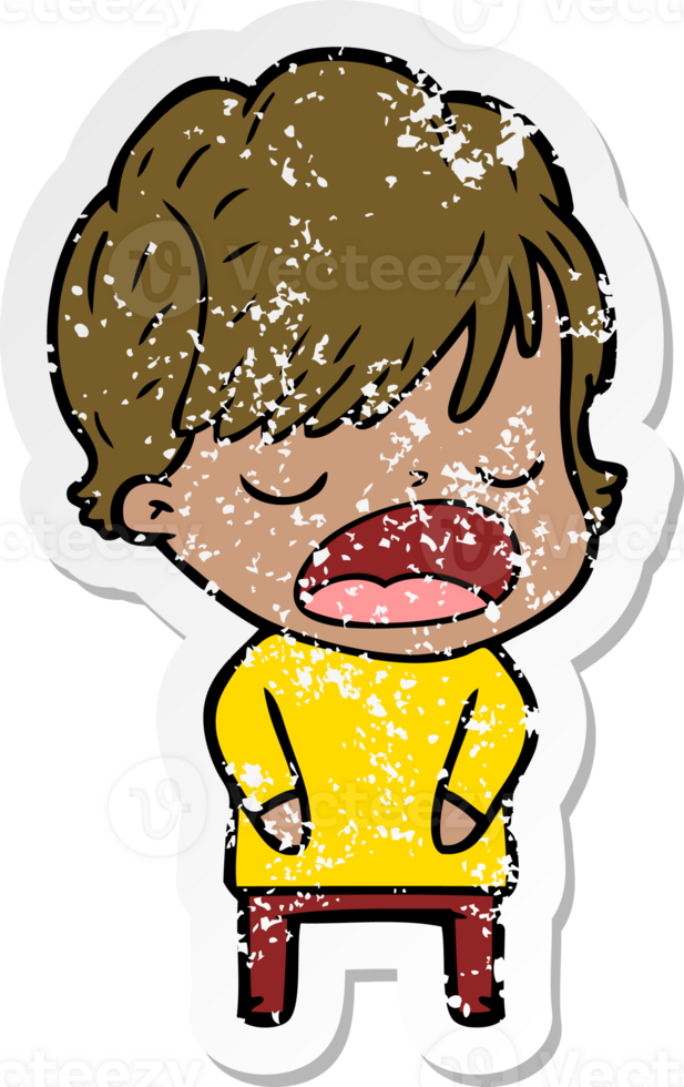 distressed sticker of a cartoon woman talking png