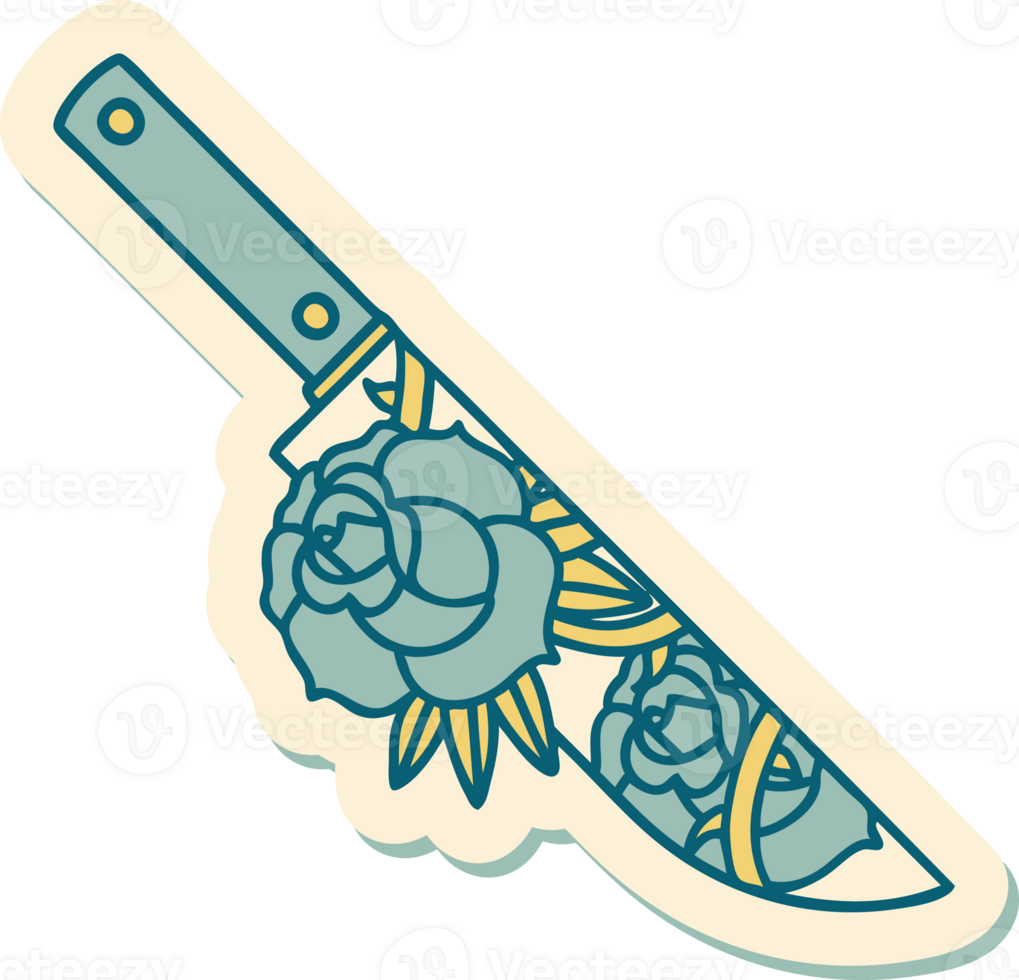 sticker of tattoo in traditional style of a dagger and flowers png