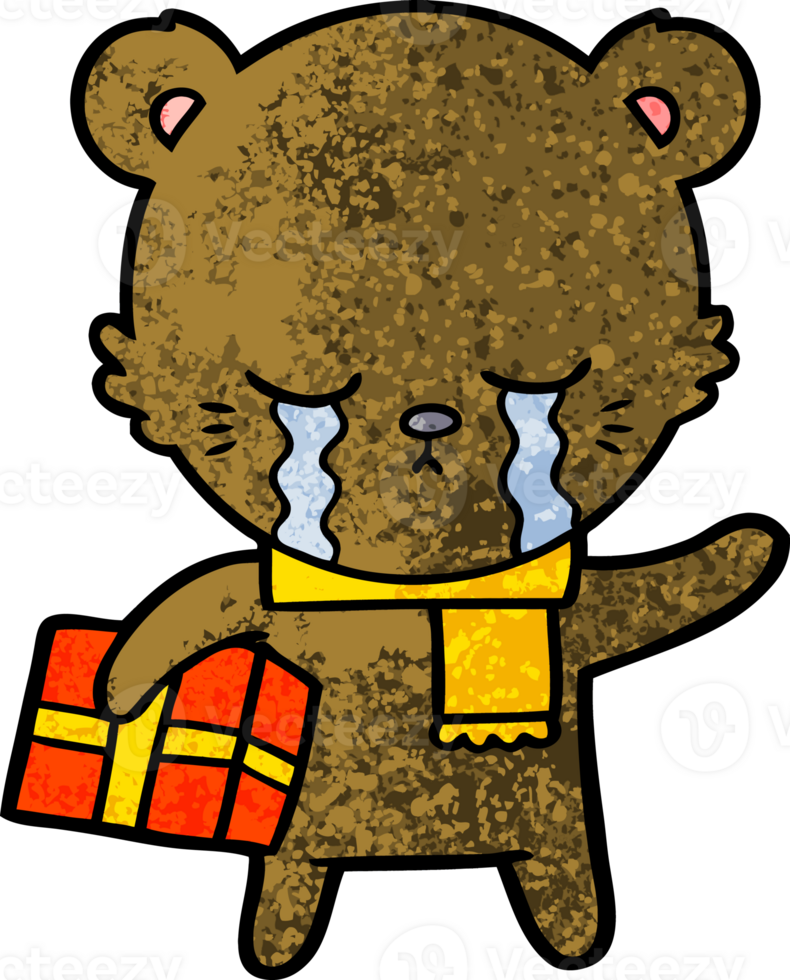 crying cartoon bear with present png