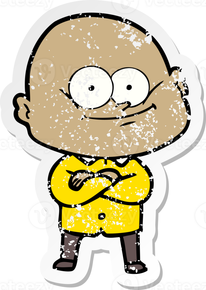 distressed sticker of a cartoon bald man staring png