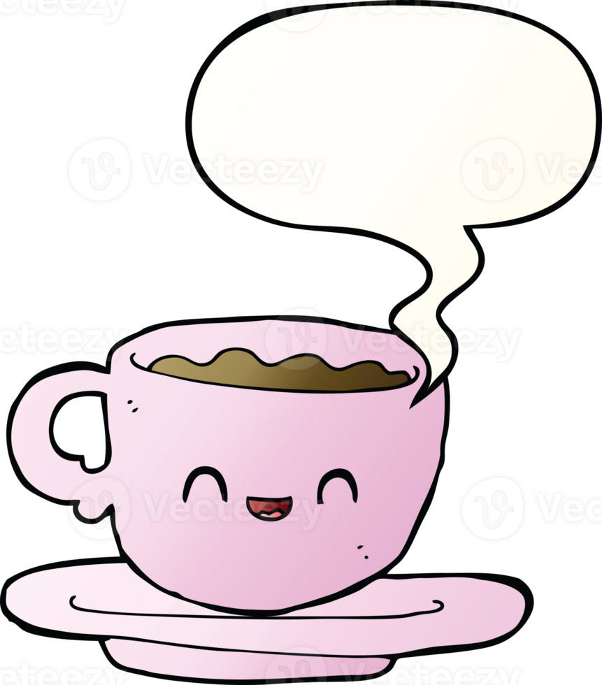 cartoon hot cup of coffee with speech bubble in smooth gradient style png