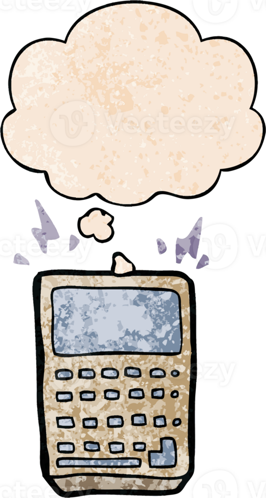 cartoon calculator with thought bubble in grunge texture style png