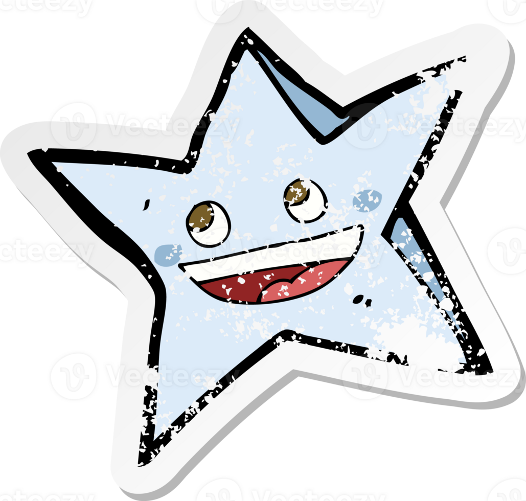 retro distressed sticker of a cartoon happy star character png
