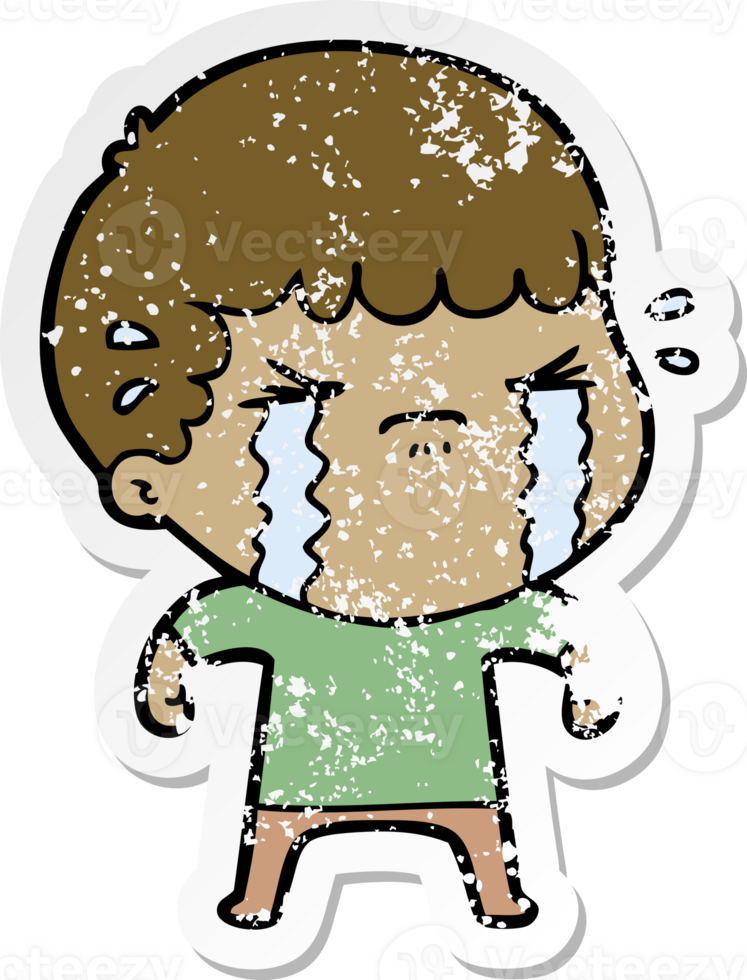 distressed sticker of a cartoon man crying png