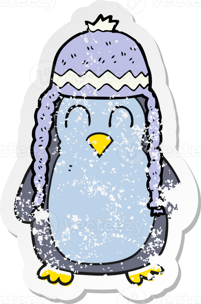 retro distressed sticker of a cartoon penguin wearing hat png