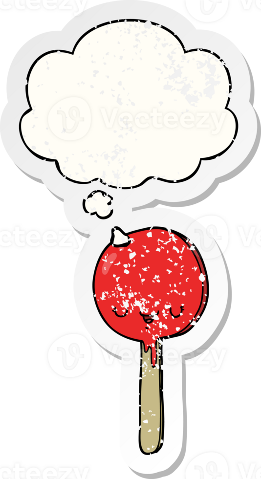 cartoon candy lollipop with thought bubble as a distressed worn sticker png