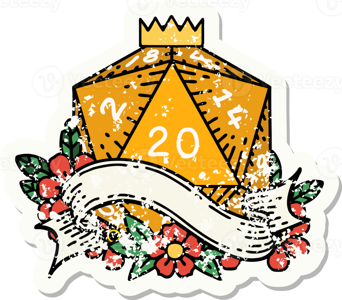 grunge sticker of a natural twenty D20 dice roll png