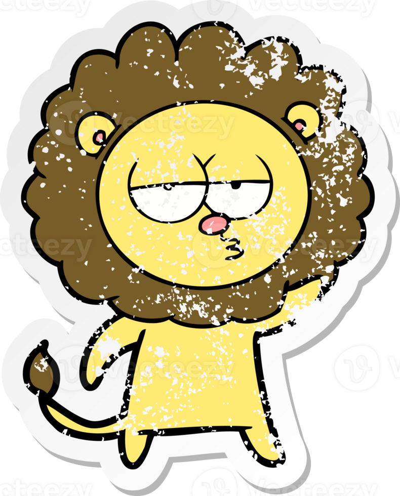 distressed sticker of a cartoon bored lion waving png