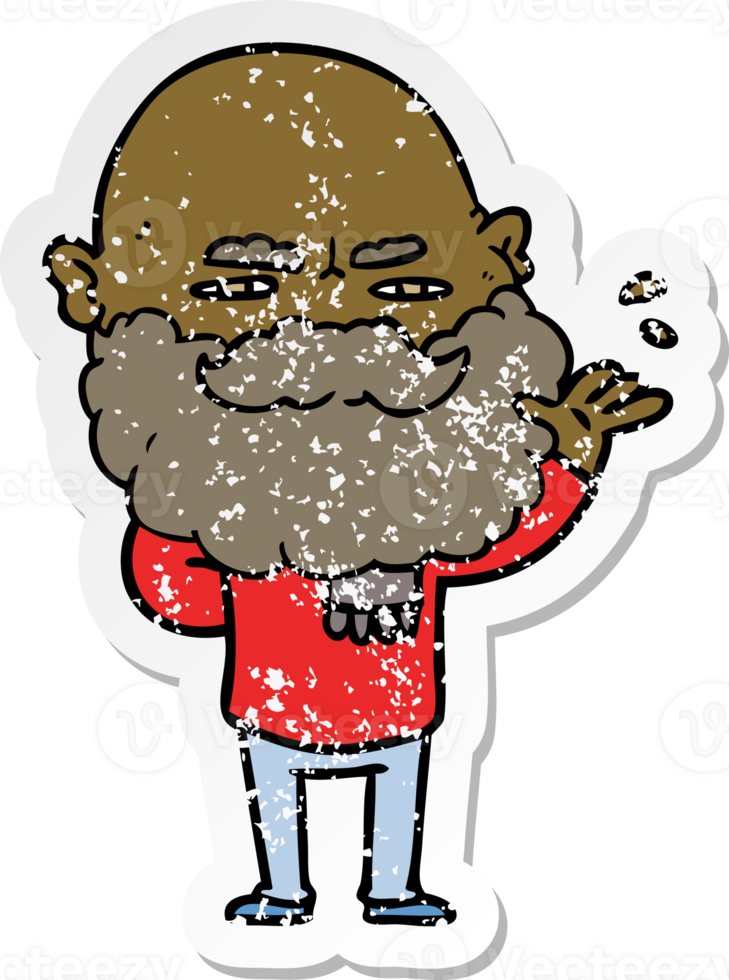 distressed sticker of a cartoon dismissive man with beard frowning png