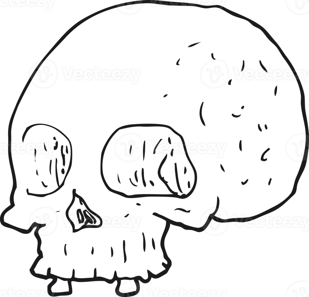 hand drawn black and white cartoon old skull png