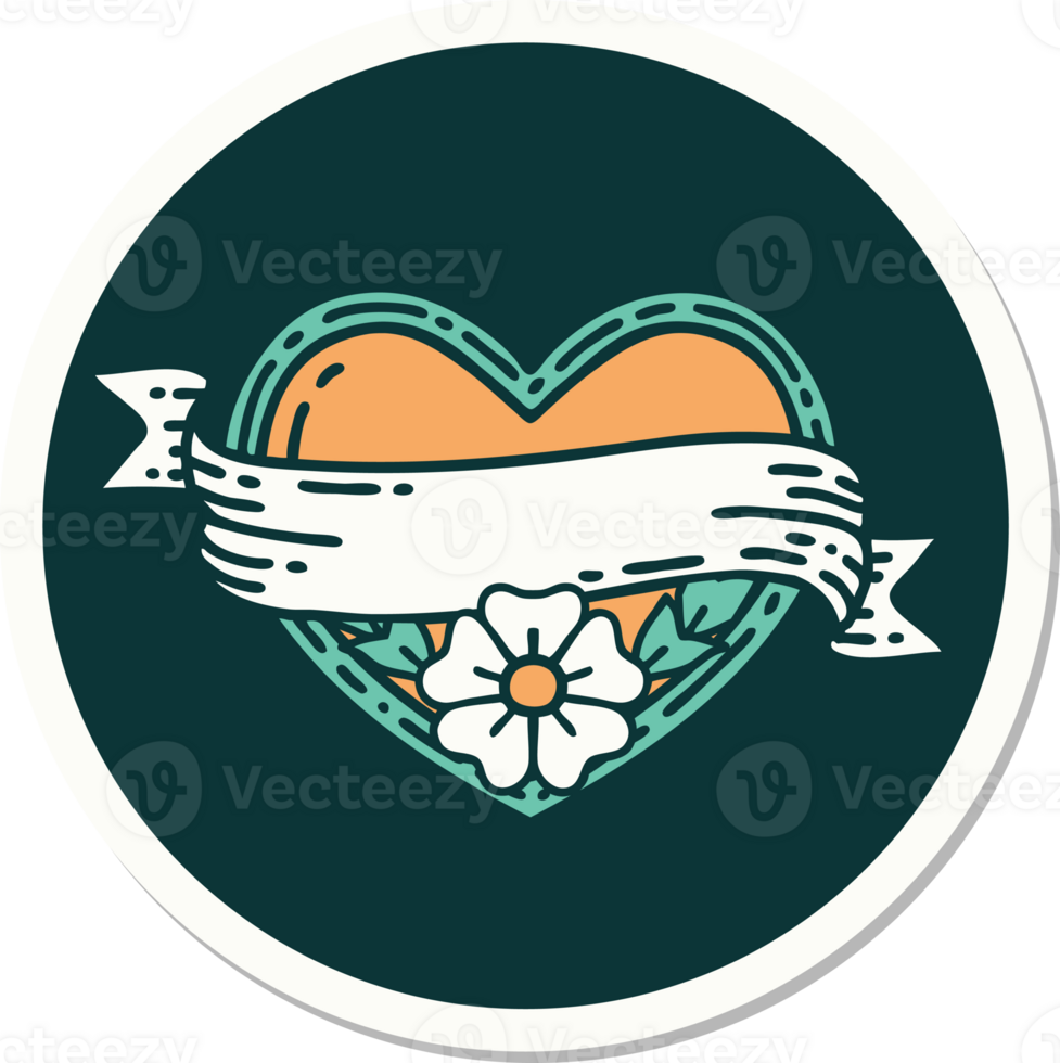 sticker of tattoo in traditional style of a heart and banner with flowers png