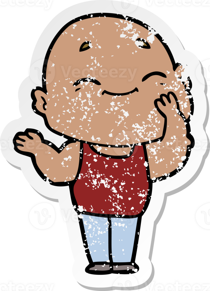 distressed sticker of a cartoon happy bald man png