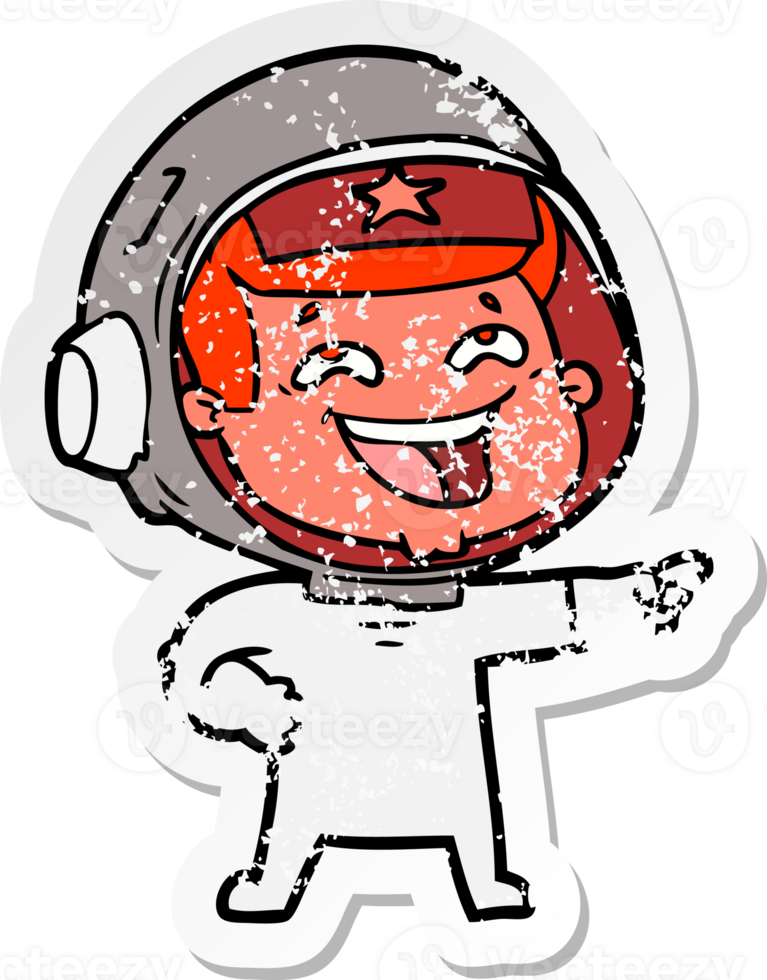 distressed sticker of a cartoon laughing astronaut png