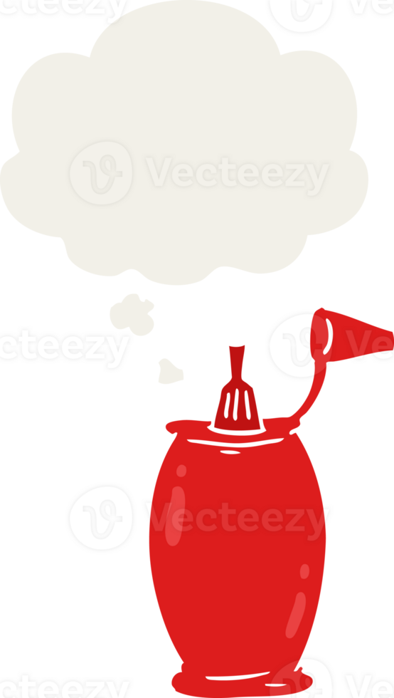 cartoon ketchup bottle with thought bubble in retro style png