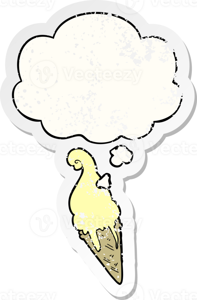 cartoon ice cream with thought bubble as a distressed worn sticker png