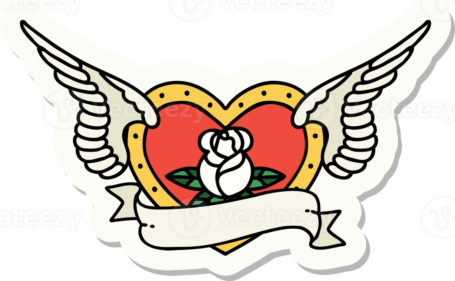 sticker of tattoo in traditional style of a flying heart with flowers and banner png