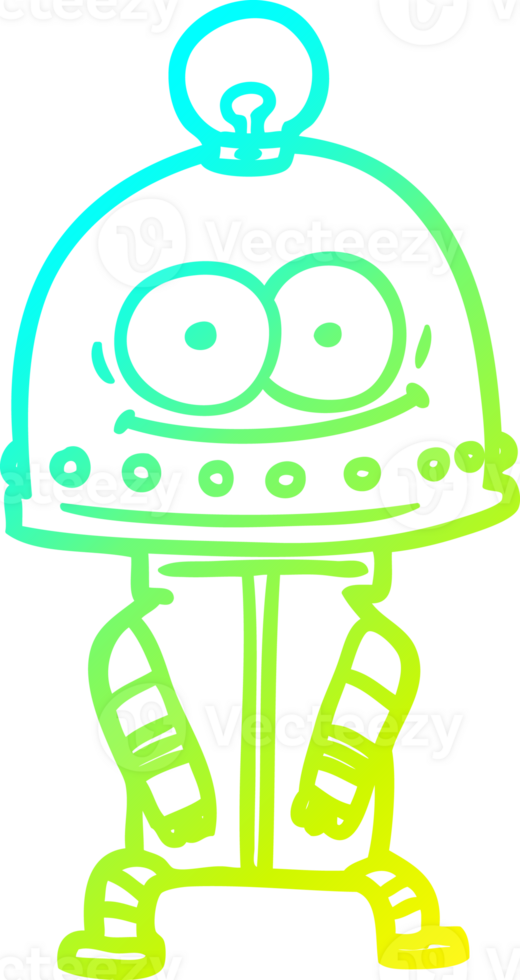 cold gradient line drawing of a happy carton robot with light bulb png