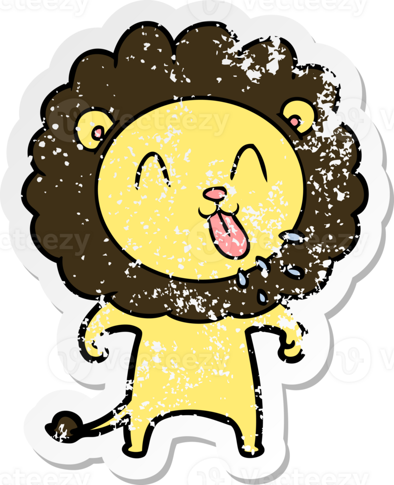 distressed sticker of a happy cartoon lion png