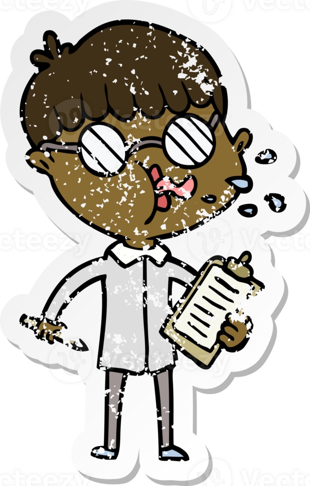 distressed sticker of a cartoon boy wearing spectacles with clip board png