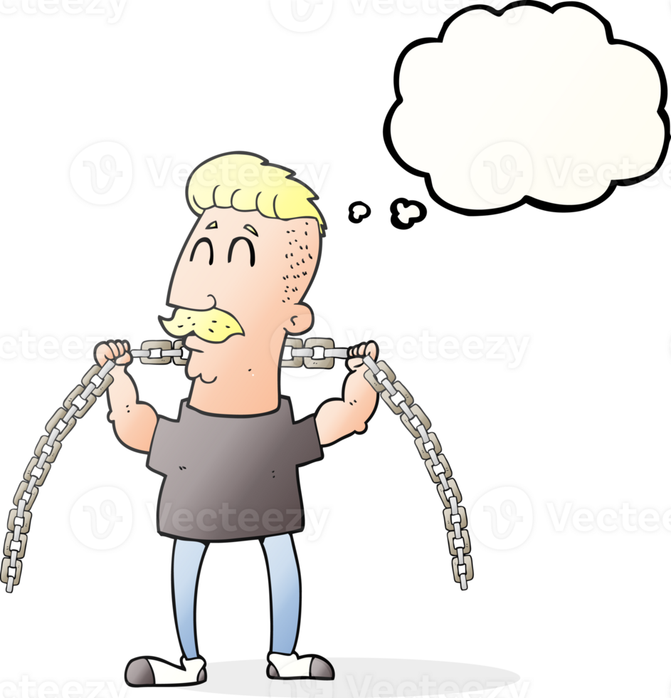 hand drawn thought bubble cartoon man lifting chain png